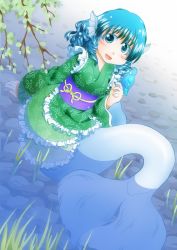 Rule 34 | 1girl, :d, bird, bird on hand, blue eyes, blue hair, branch, drill hair, fins, frilled kimono, frills, head fins, in water, japanese clothes, kimono, looking at viewer, matty (zuwzi), mermaid, monster girl, obi, open mouth, sash, sitting, smile, touhou, wakasagihime, water, wavy hair