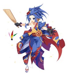 Rule 34 | 1girl, bandeau, black gloves, blue eyes, blue hair, disgaea, disgaea rpg, fang, flat chest, full body, gloves, hagoita, hairband, hane (hanetsuki), hanetsuki, highres, holding, holding paddle, japanese clothes, kimono, long hair, nippon ichi (neptunia), non-web source, obi, off shoulder, official art, open mouth, outstretched arms, paddle, photoshop (medium), sandals, sash, shuttlecock, solo, spread arms, tabi, transparent background