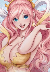 Rule 34 | adjusting hair, blush, breasts, cleavage, collarbone, highres, large breasts, long hair, one piece, open mouth, pink hair, ponytail, shirahoshi, smile, very long hair