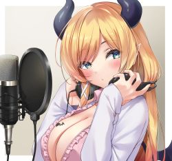 Rule 34 | 1girl, bat tattoo, blonde hair, blouse, blue eyes, blush, breast tattoo, breasts, cleavage, commentary request, demon girl, demon horns, eyes visible through hair, frilled shirt, frills, hair ribbon, hands up, headphones, headphones around neck, highres, holding, holding headphones, hololive, horns, lab coat, large breasts, long hair, long sleeves, looking at viewer, makinan, microphone, parted lips, pink shirt, pointy ears, ribbon, shirt, simple background, solo, swept bangs, tattoo, upper body, virtual youtuber, white ribbon, wings, yuzuki choco, yuzuki choco (1st costume)