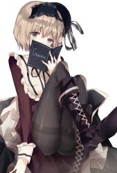 Rule 34 | 1girl, absurdres, alice margatroid, ass, bad id, bad pixiv id, black footwear, black hairband, black pantyhose, blush, book, boots, brown dress, commentary request, cross-laced footwear, dress, frilled hairband, frills, grey eyes, grey ribbon, grimoire, hair between eyes, hairband, highres, knee boots, lace-up boots, leisss, light brown hair, long sleeves, pantyhose, pleated dress, ribbon, simple background, solo, thighband pantyhose, touhou, white background