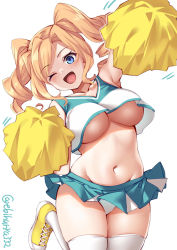 Rule 34 | 1girl, ;d, alternate costume, aqua skirt, blonde hair, blue eyes, blush, breasts, cheerleader, collarbone, crop top, crop top overhang, drill hair, ebifurya, groin, highres, honolulu (kancolle), kantai collection, large breasts, leg up, long hair, looking at viewer, midriff, miniskirt, navel, one eye closed, open mouth, panties, pleated skirt, pom pom (cheerleading), shoes, short hair, simple background, skirt, sleeveless, smile, solo, standing, thighhighs, thighs, twin drills, twintails, twitter username, underboob, underwear, white background, white panties, white thighhighs, yellow footwear