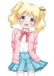 Rule 34 | 1girl, :d, alice cartelet, blonde hair, blue eyes, blue skirt, blush, bow, collared shirt, head tilt, highres, jacket, kin-iro mosaic, open clothes, open jacket, open mouth, pink bow, pink jacket, pleated skirt, regular mow, shirt, simple background, skirt, smile, solo, striped, striped bow, thighhighs, twintails, white background, white shirt, white thighhighs