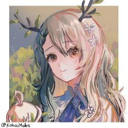 Rule 34 | 1girl, absurdres, antlers, apple, braid, braided bangs, branch, brown hair, ceres fauna, closed mouth, dress, flower, food, fruit, golden apple, green background, green hair, hair flower, hair ornament, highres, hololive, hololive english, horns, leaf, long hair, looking at viewer, mabs (mmamabs), multicolored hair, portrait, single braid, solo, virtual youtuber, white dress