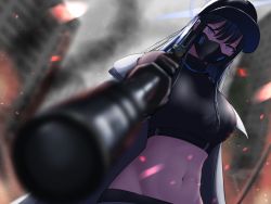 Rule 34 | 1girl, aiming, aiming at viewer, bare shoulders, belt, black hair, black hat, black pants, black shirt, blue archive, blue eyes, blurry, blurry background, breasts, cape, commentary request, cowboy shot, crop top, dutch angle, groin, gun, hair between eyes, hat, holding, holding gun, holding weapon, large breasts, long hair, long sleeves, looking at viewer, mask, midriff, mouth mask, navel, off shoulder, pants, partial commentary, saori (blue archive), shirt, sidelocks, silver bullet (ecc12 8), sleeveless, sleeveless shirt, solo, standing, underbust, very long hair, weapon, white cape