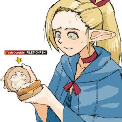 1girl blonde_hair cheese choker collarbone dungeon_meshi elf fish_(food) food green_eyes holding holding_food long_hair marcille_donato mayonnaise mcdonald&#039;s pantsu-ripper pointy_ears ponytail sandwich solo sweat upper_body wide-eyed