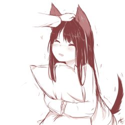 Rule 34 | animal ears, artist name, blush, commentary, drooling, english commentary, closed eyes, highres, hug, long hair, long sleeves, monochrome, hugging object, open mouth, original, headpat, signature, sketch, solo focus, tail, tail raised, tail wagging, teriibol, trembling, wolf ears, wolf girl, wolf tail