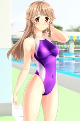 Rule 34 | 1girl, absurdres, antenna hair, blue sky, blunt bangs, blurry, braid, breasts, brown eyes, brown hair, cloud, commentary request, competition swimsuit, covered navel, cowboy shot, day, depth of field, high school fleet, highleg, highleg swimsuit, highres, long hair, medium breasts, nosa kouko, one-piece swimsuit, outdoors, parted bangs, pool, purple one-piece swimsuit, side braids, sky, solo, standing, string of flags, swimsuit, takafumi, thighs, twin braids