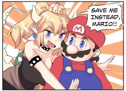Rule 34 | 1boy, 1girl, bare shoulders, black dress, blue overalls, blush, bowsette, bracelet, breasts, brooch, bush, cleavage, collar, comic, dress, earrings, english text, facial hair, forked eyebrows, hat, highres, hinghoi, horns, hug, hug from behind, jewelry, large breasts, long hair, mario, mario (series), mustache, new super mario bros. u deluxe, nintendo, overalls, pointy ears, ponytail, red hat, red shirt, sharpteeth, shirt, smile, spiked bracelet, spiked collar, spiked shell, spiked tail, spikes, super crown, tail, thick eyebrows