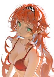 Rule 34 | 1girl, backlighting, bare arms, bare shoulders, basu19203696, bra, braided sidelock, breasts, checkered hairband, cleavage, collarbone, green eyes, highres, long hair, looking at viewer, looking to the side, medium breasts, orange hair, red bra, reverse:1999, smile, solo, sonetto (reverse:1999), underwear, upper body, white background