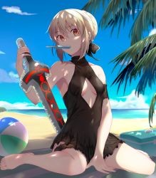 Rule 34 | 1girl, absurdres, artoria pendragon (alter swimsuit rider) (fate), artoria pendragon (alter swimsuit rider) (first ascension) (fate), artoria pendragon (fate), ball, bare arms, bare legs, bare shoulders, barefoot, beach, beachball, black one-piece swimsuit, black ribbon, blonde hair, braid, breasts, character cutout, cleavage cutout, clothing cutout, collarbone, commentary request, day, excalibur morgan (fate), fate/grand order, fate (series), food, hair between eyes, highres, holding, ice, in mouth, jun (aousa0328), kneeling, looking at viewer, medium breasts, one-piece swimsuit, outdoors, popsicle, ribbon, short hair, sitting, solo, swimsuit, sword, water, weapon, yellow eyes