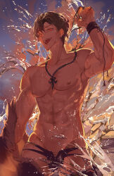 Rule 34 | 1boy, abs, arm up, backlighting, belial (granblue fantasy), belial (summer) (granblue fantasy), biceps, black hair, commentary, evening, eyelashes, glasses, glowing, glowing eyes, granblue fantasy, highres, holding, holding removed eyewear, jewelry, licking lips, looking at viewer, male focus, male swimwear, muscular, muscular male, navel, necklace, nipples, ocean, official alternate costume, open mouth, orange sky, pectorals, red eyes, shiny skin, short hair, sky, smile, solo, splashing, standing, tongue, tongue out, topless male, unworn eyewear, water, wet, wet clothes, wet hair, zuraa (naunau seijin)