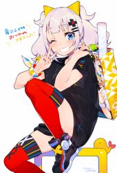 Rule 34 | 1girl, :d, alternate costume, bag, black footwear, black shirt, blue eyes, blush, casual, commentary request, d-pad, d-pad hair ornament, food, hair ornament, hairclip, hands up, highres, holding, holding bag, kaguya luna, light purple hair, looking at viewer, mika pikazo, one eye closed, open mouth, red thighhighs, shirt, shoes, smile, sneakers, solo, tempura, the moon studio, thighhighs, translation request, twintails, virtual youtuber, w, wristband