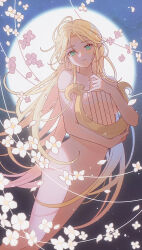 Rule 34 | 1girl, blonde hair, breasts, collarbone, commentary, convenient censoring, covering privates, floating hair, flower, green eyes, harp, highres, holding, holding instrument, instrument, long hair, looking at viewer, medium breasts, moon, nintendo, nude, nude cover, petals, pink flower, pointy ears, princess zelda, rutiwa, solo, the legend of zelda, very long hair, white flower