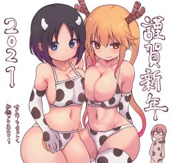 Rule 34 | 2021, 3girls, animal ears, animal print, arms behind back, asymmetrical docking, bikini, black hair, blonde hair, blue eyes, blush, breast press, breasts, chinese zodiac, cleavage, cool-kyou shinja, cow, cow ears, cow girl, cow horns, cow print, cowboy shot, dragon girl, dragon horns, elbow gloves, elma (maidragon), glasses, gloves, gradient hair, highres, horns, kobayashi-san chi no maidragon, kobayashi (maidragon), kotoyoro, large breasts, long hair, looking at another, looking at viewer, medium breasts, multicolored hair, multiple girls, new year, official art, one-piece swimsuit, opaque glasses, pink hair, short hair, simple background, swimsuit, thighhighs, tohru (maidragon), translation request, twintails, wavy mouth, white background, year of the ox