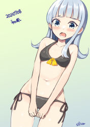 Rule 34 | 1girl, adapted costume, artist name, bikini, black bikini, blue eyes, blue hair, blunt bangs, breasts, commentary request, cowboy shot, embarrassed, gradient background, green background, hatsukaze (kancolle), kantai collection, looking at viewer, navel, open mouth, side-tie bikini bottom, silica (silica silylate), small breasts, solo, standing, swimsuit, yellow background