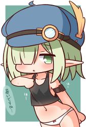 Rule 34 | 1girl, :o, ahoge, aoi (mechanic) (princess connect!), aoi (princess connect!), bare arms, bare shoulders, black tank top, blue hat, blush, bow, bow panties, cabbie hat, commentary request, elf, feathers, green background, green eyes, hair over one eye, hana kazari, hand up, hat, hat feather, highres, looking at viewer, navel, panties, parted lips, pointy ears, princess connect!, solo, tank top, translation request, two-tone background, underwear, white background, white panties, yellow feathers