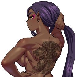 Rule 34 | 1girl, back, back tattoo, breasts, dark-skinned female, dark skin, elf-san wa yaserarenai., hand on own hip, holding, holding hair, large breasts, long hair, muscular, muscular female, nude, pointy ears, purple hair, sideboob, simple background, smile, snake tattoo, solo, suteno (elf-san wa yaserarenai.), synecdoche, tattoo, thick eyebrows, upper body, very long hair, white background