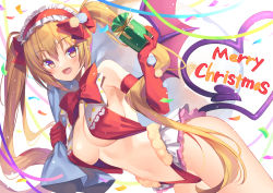 Rule 34 | 1girl, bare shoulders, breasts, bucchake (asami), center opening, christmas, cleavage, confetti, cowboy shot, dutch angle, fang, gift, gloves, headband, large breasts, long hair, looking at viewer, merry christmas, navel, open mouth, orange eyes, orange hair, original, red gloves, sack, slingshot swimsuit, smile, solo, swimsuit, twintails, very long hair