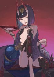 Rule 34 | 1girl, absurdres, alcohol, bare shoulders, bob cut, bottle, breasts, bridal gauntlets, collarbone, cup, eyeliner, fate/grand order, fate (series), gourd, headpiece, highres, horns, japanese clothes, kimono, knee up, long sleeves, looking at viewer, makeup, off shoulder, oni, open mouth, pointy ears, purple eyes, purple hair, purple kimono, revealing clothes, sakazuki, sake, shaggy (user mpum7284), short hair, shuten douji (fate), sitting, skin-covered horns, small breasts, smile, solo, thighs, tongue, tongue out, wide sleeves