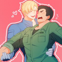 Rule 34 | 2boys, :d, ^ ^, ao isami, bara, black hair, blonde hair, blush, closed eyes, couple, facial hair, flying sweatdrops, hand on another&#039;s arm, hand on another&#039;s waist, heart, highres, jumpsuit, lewis smith, lingyi51563476, male focus, multiple boys, open mouth, pectorals, sideburns stubble, smile, stubble, surprised, thick eyebrows, yaoi, yuuki bakuhatsu bang bravern