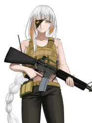 Rule 34 | 1girl, absurdres, assault rifle, black nails, breasts, chest rig, erlisa takanashi, eyepatch, girls&#039; frontline, green pants, gun, highres, looking down, m16, m16a1, m16a1 (boss) (girls&#039; frontline), m16a1 (girls&#039; frontline), magazine (weapon), medium breasts, multicolored hair, pants, rifle, solo, streaked hair, trigger discipline, weapon, white background, white hair, yellow eyes