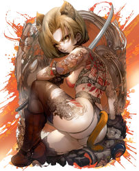 Rule 34 | 1girl, absurdres, android 18, animal ear fluff, animal ears, ass, bad link, black panties, black thighhighs, blonde hair, boots, dragon ball, dragonball z, fang, flower, garter belt, garter straps, highres, holding, holding weapon, irezumi, katana, looking at viewer, on one knee, panties, parkjinsuky, short hair, solo, splatter background, sword, tail, tattoo, thighhighs, underwear, underwear only, weapon, white background