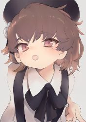 Rule 34 | 1girl, beret, black bow, black hat, blush, bow, brown hair, collared shirt, fang, flower, grey background, hair flower, hair ornament, hat, hatoba tsugu, highres, long sleeves, mole, mole under eye, open mouth, red eyes, rose, sha2mo, shirt, simple background, solo, suspenders, virtual youtuber, white flower, white rose, white shirt