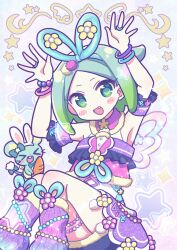 Rule 34 | 1girl, :d, animal ears, arms up, bare shoulders, blue hair, blush, bracelet, carrot, chuppe, detached collar, detached sleeves, fake animal ears, fang, feet out of frame, gradient hair, green eyes, green hair, highres, idol clothes, idol time pripara, jewelry, knees up, koyoshi yoko, leg warmers, looking at viewer, mouse (animal), multicolored hair, nijiiro nino, open hands, open mouth, pretty series, pripara, purple shirt, purple skirt, rabbit ears, rabbit pose, ring, shirt, short hair, sitting, skirt, smile, solo, sparkle, star (symbol), swept bangs, wings
