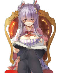 Rule 34 | 1girl, alternate hairstyle, black thighhighs, book, breasts, chair, cleavage, cleavage cutout, clothing cutout, crescent, crescent hair ornament, crossed legs, double bun, female focus, hair bun, hair ornament, large breasts, long hair, looking at viewer, no headwear, no headwear, patchouli knowledge, pinstripe pattern, purple eyes, purple hair, sitting, solo, striped, thighhighs, touhou, twintails, yasumo (kuusouorbital)