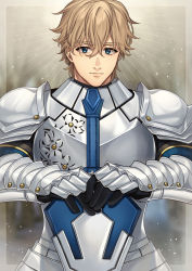 Rule 34 | 1boy, armor, black gloves, blue eyes, breastplate, brown hair, closed mouth, excalibur galatine (fate), fate/extra, fate (series), gauntlets, gawain (fate), gloves, hair between eyes, hands on hilt, highres, karokuchitose, looking at viewer, male focus, own hands together, pauldrons, shoulder armor, solo, sword, thick eyebrows, upper body, weapon