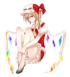 Rule 34 | 1girl, ascot, bad id, bad pixiv id, bare legs, blonde hair, face, female focus, flandre scarlet, full body, hat, homura (aristocrat-y), legs, no socks, red eyes, shoes, side ponytail, simple background, sitting, solo, touhou, wings