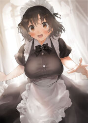 Rule 34 | 1girl, alternate costume, apron, black dress, black hair, blush, breasts, brown eyes, buttons, dress, enmaided, haguro (kancolle), highres, kantai collection, large breasts, maid, maid headdress, open mouth, short hair, short sleeves, smile, solo, toka (marchlizard), white apron