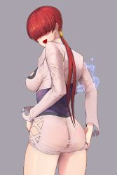Rule 34 | 1girl, ass, blush, breasts, come hither, electricity, from behind, hair ornament, hair over eyes, highres, jacket, large breasts, long hair, low twintails, open mouth, pantylines, pencil skirt, red hair, shermie (kof), shiny skin, sideboob, skindentation, skirt, smile, snk, solo, the king of fighters, twintails