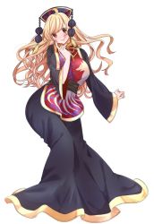 Rule 34 | 1girl, black dress, blonde hair, breast press, breasts, chinese clothes, commentary request, contrapposto, crescent, curvy, dress, fengguan, finger to cheek, hair between eyes, hat, junko (touhou), large breasts, long hair, looking at viewer, mature female, red eyes, ribbon, sash, smile, solo, standing, tabard, tassel, touhou, wide hips, wide sleeves, yellow ribbon, yukina (masyumaro610)