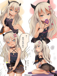 Rule 34 | 1girl, @ @, akino shuu, barefoot, black dress, black thighhighs, blonde hair, blush, bow, candy, chupa chups, clothes writing, demon horns, demon tail, dress, fake horns, fang, food, grecale (kancolle), green eyes, hair bow, holding, holding candy, holding food, horns, kantai collection, lollipop, long hair, mouth hold, multiple views, official alternate costume, open mouth, pink bow, single thighhigh, speech bubble, tail, thighhighs, translation request, twitter username