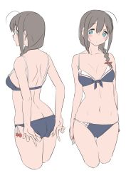 Rule 34 | 1girl, adapted costume, ahoge, bikini, black hair, blue eyes, braid, breasts, commentary request, cowboy shot, cropped legs, from behind, front-tie top, hair over shoulder, kantai collection, looking at viewer, multiple views, shigure (kancolle), side-tie bikini bottom, simple background, single braid, small breasts, swimsuit, tamu (mad works), white background