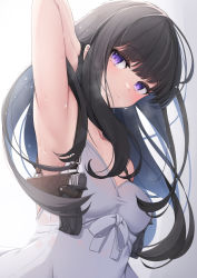 Rule 34 | 1girl, armpits, bare shoulders, black hair, blush, breasts, commentary request, dress, gradient background, grey background, gun, handgun, highres, holster, holstered, inoue takina, long hair, looking at viewer, lycoris recoil, parted lips, purple eyes, shoulder holster, sleeveless, sleeveless dress, small breasts, solo, sweat, tatapopo, thick eyebrows, very long hair, weapon, white background, white dress