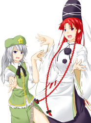 Rule 34 | 2girls, :d, blue eyes, braid, cosplay, costume switch, expressive clothes, female focus, fighting stance, hat, highres, hong meiling, hong meiling (cosplay), long hair, mononobe no futo, mononobe no futo (cosplay), multiple girls, niwatazumi, open mouth, ponytail, red hair, silver hair, simple background, skirt, smile, star (symbol), tate eboshi, touhou, twin braids, very long hair, white background