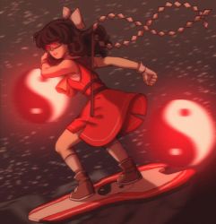 Rule 34 | ankle boots, armpits, ascot, belt, black hair, boots, bow, dress, gloves, goggles, gohei, hakurei reimu, linmiee, motion blur, orb, parody, parted lips, red dress, ribbon, serious, side slit, sleeveless, socks, solo, sonic riders, sonic (series), strap, surfboard, toned, touhou, white bow, white ribbon, yin yang