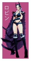 Rule 34 | 1girl, alternate costume, artist name, beast pirates, beast pirates uniform, belt, bird, black footwear, black gloves, black hair, blue eyes, boots, border, bow, bra, breasts, cape, character name, cleavage, closed mouth, commentary, crow, curvy, english commentary, full body, fur cape, fur trim, gloves, hair bow, highleg, highres, horns, k164, knee boots, knee pads, large breasts, light smile, lips, looking at viewer, navel, nico robin, one piece, panties, purple bow, shiny skin, solo, standing, stomach, thong, underwear, wide hips