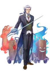 Rule 34 | #compass, 1boy, ^ ^, absurdres, arm behind back, black jacket, black pants, blue eyes, blue fire, blue gemstone, blue ribbon, brooch, brown footwear, butler, buttons, claws, closed eyes, closed mouth, collared shirt, demon, english text, facial hair, fangs, fire, forehead, full body, furrowed brow, gem, ghost, gloves, goatee, green vest, grey hair, hair ribbon, happy, highres, holding, holding sword, holding weapon, jacket, jewelry, legs together, long hair, long sleeves, looking at viewer, male focus, mindofzero, neck ribbon, official art, old, old man, open clothes, open jacket, open mouth, pants, ponytail, rapier, red eyes, red ribbon, ribbon, second-party source, shirt, shoes, simple background, skin fangs, smile, solo focus, standing, suitcase, sword, tailcoat, thomas (#compass), transparent background, v-shaped eyebrows, vest, weapon, white gloves, white shirt
