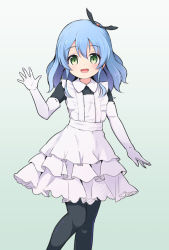 Rule 34 | 1girl, :d, arm at side, black pantyhose, black shirt, blanche (pokemon anime), blue hair, blush, collared dress, creatures (company), detached sleeves, dress, frilled dress, frills, game freak, green eyes, hair between eyes, hand up, happy, long hair, looking at viewer, nekono rin, nintendo, open mouth, pantyhose, pokemon, pokemon (anime), pokemon performer, pokemon xy (anime), shirt, sleeveless, sleeveless dress, smile, solo, source request, standing, tagme, waving, white dress, white sleeves