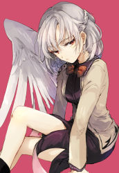 Rule 34 | 1girl, :/, bow, bowtie, braid, brown jacket, closed mouth, dress, feathered wings, from side, half updo, highres, hisona (suaritesumi), jacket, kishin sagume, long sleeves, looking at viewer, looking to the side, open clothes, open jacket, purple dress, red eyes, short hair, silver hair, single wing, solo, touhou, white wings, wings