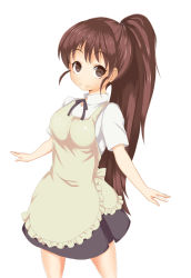 Rule 34 | 1girl, apron, arufu, bad id, bad pixiv id, breasts, brown eyes, brown hair, female focus, long hair, looking at viewer, ponytail, ribbon, simple background, skirt, smile, solo, taneshima popura, waitress, white background, working!!