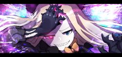 Rule 34 | 1girl, abigail williams (fate), abigail williams (third ascension) (fate), arm up, bad id, bad pixiv id, black bow, black dress, black gloves, black hat, blonde hair, blue eyes, bow, dress, elbow gloves, evil grin, evil smile, fate/grand order, fate (series), gloves, glowing, glowing eye, gradient hair, grin, hand on own forehead, hat, head tilt, heterochromia, letterboxed, long hair, long sleeves, looking at viewer, multicolored hair, orange bow, parted bangs, purple eyes, shadow, sharp teeth, silver hair, smile, solo, teeth, torn clothes, torn sleeves, wada kazu