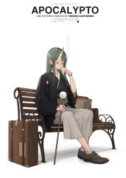 Rule 34 | 1girl, absurdres, alternate costume, arknights, bag, bench, brown bag, brown footwear, cane, cigarette, cjmy, closed eyes, closed mouth, commentary request, ear piercing, earrings, french text, full body, glasses, green hair, grey pants, grey socks, highres, holding, holding cane, holding cigarette, horns, hoshiguma (arknights), japanese clothes, jewelry, kimono, long hair, long sleeves, pants, piercing, shoes, single horn, sitting, smile, smoking, socks, solo, suitcase, translation request, wide sleeves