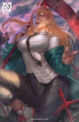 Rule 34 | 1girl, absurdres, artist logo, artist name, black necktie, black pants, blonde hair, blue jacket, chainsaw man, cross-shaped pupils, fangs, hair between eyes, highres, holding, holding scythe, horns, jacket, long hair, looking at viewer, necktie, nopeys, off shoulder, one eye closed, open mouth, pants, pants rolled up, pointing, pointing at viewer, power (chainsaw man), red horns, scythe, sharp teeth, shirt, shirt partially tucked in, smile, solo, sword, symbol-shaped pupils, teeth, watermark, weapon, white shirt, yellow eyes