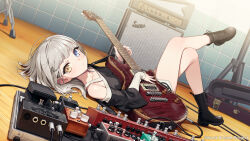 Rule 34 | 1girl, amplifier, bang dream!, bang dream! it&#039;s mygo!!!!!, black footwear, blue eyes, cable, clothing cutout, collarbone, copyright name, cross-laced footwear, crossed legs, effects pedal, electric guitar, full body, grey hair, guitar, guitar case, heterochromia, highres, holding, holding guitar, holding instrument, indoors, instrument, instrument case, kaito (k4itoh), kaname raana, layered sleeves, long sleeves, looking at viewer, lying, medium hair, off-shoulder shirt, off shoulder, official art, on back, on floor, pedal (instrument), pedal board, shirt, short over long sleeves, short sleeves, shoulder cutout, solo, tile wall, tiles, wooden floor, yellow eyes