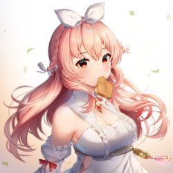 Rule 34 | 1girl, artist name, atelier live, bare shoulders, braid, bread slice, breasts, commentary, detached sleeves, dress, english commentary, food, food in mouth, gradient background, hair ribbon, highres, indie virtual youtuber, jewelry, long hair, looking at viewer, medium breasts, mouth hold, pink hair, pinku (vtuber), red eyes, ribbon, sasoura, simple background, solo, toast, toast in mouth, upper body, virtual youtuber, white dress, white ribbon